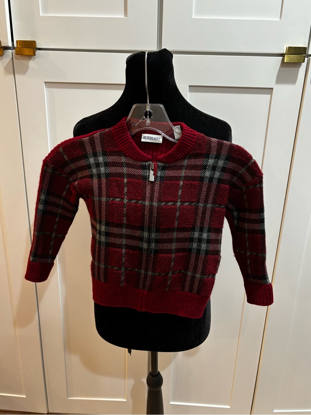 Burberry Duncan Checked Bomber Jacket / Cardip - Burgundy & Black Plaid Zip Knit